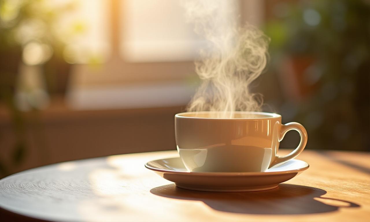 Natural lulutox detox tea steaming in morning light